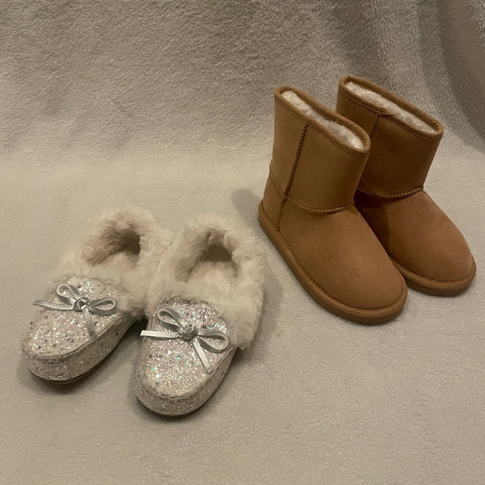 Toddler girls Glitter Moccasins and Tan Boots Set